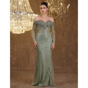 Exclusivo Vestido Verde con Plata de Lentejuelas